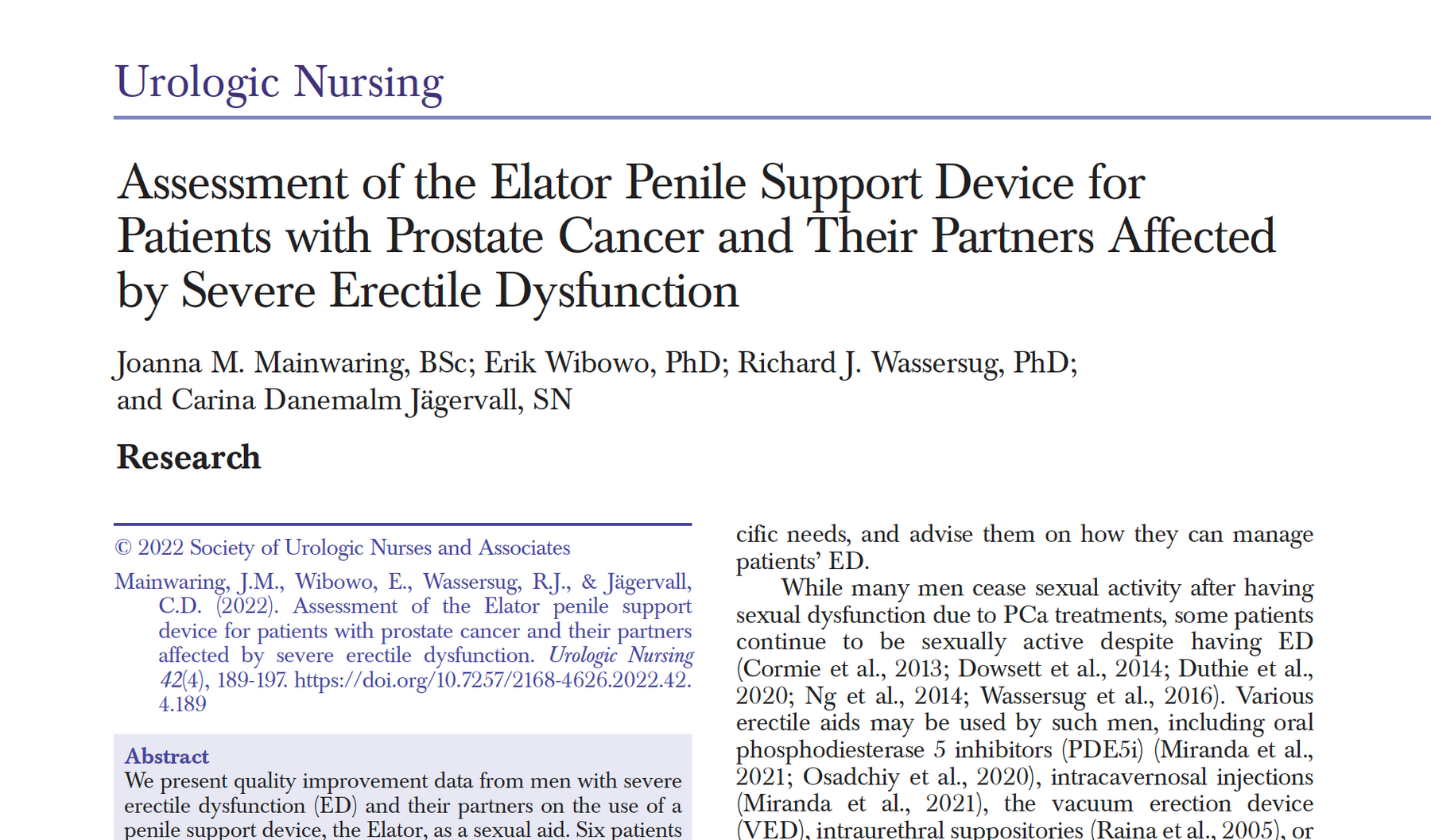 Assessment of the Elator Penile Support Device for Patients with Prostate Cancer and Their Partners Affected by Severe Erectile Dysfunction